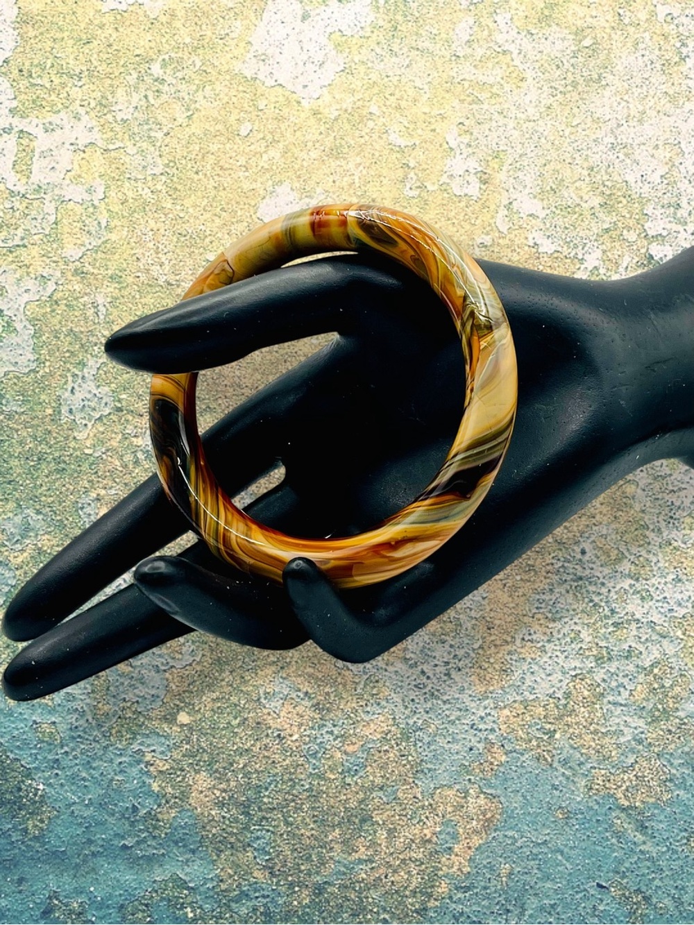 Beautiful Vintage Marbled Glass Bangle Bracelet Amber and Brown Swirl